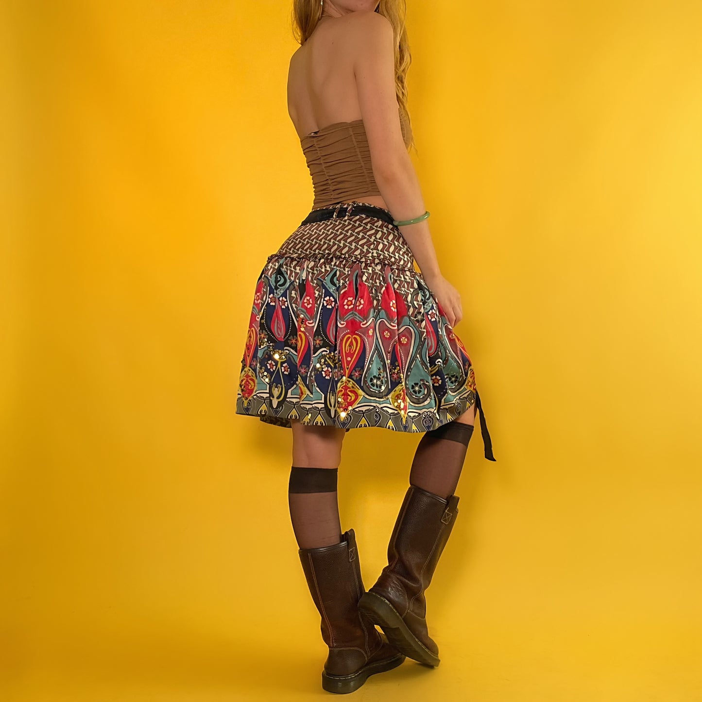 2000s Italian pleated beaded silk midi skirt