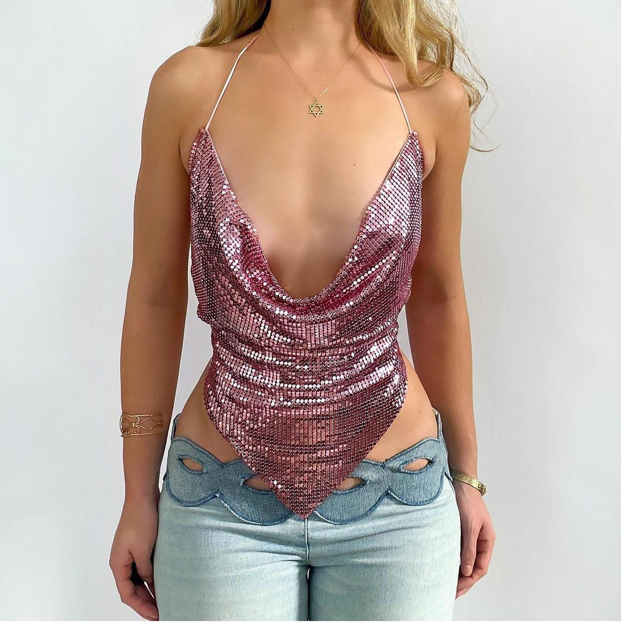 00s Pink Chainmail Halter Top