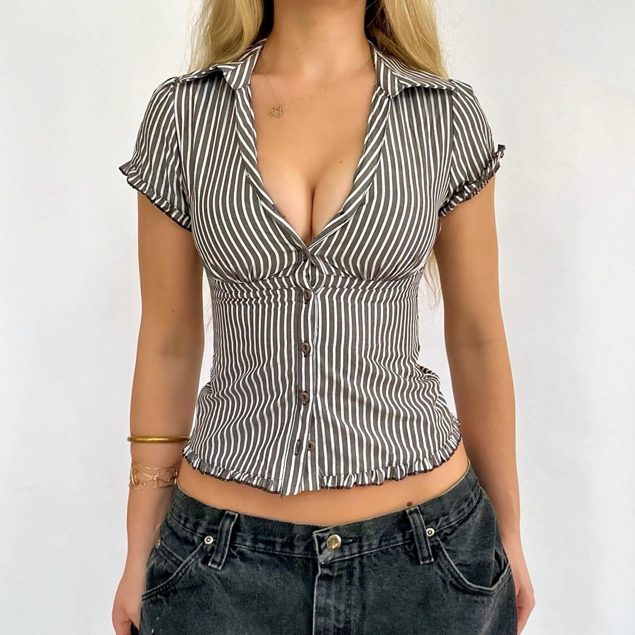 00s Striped Button-up Blouse