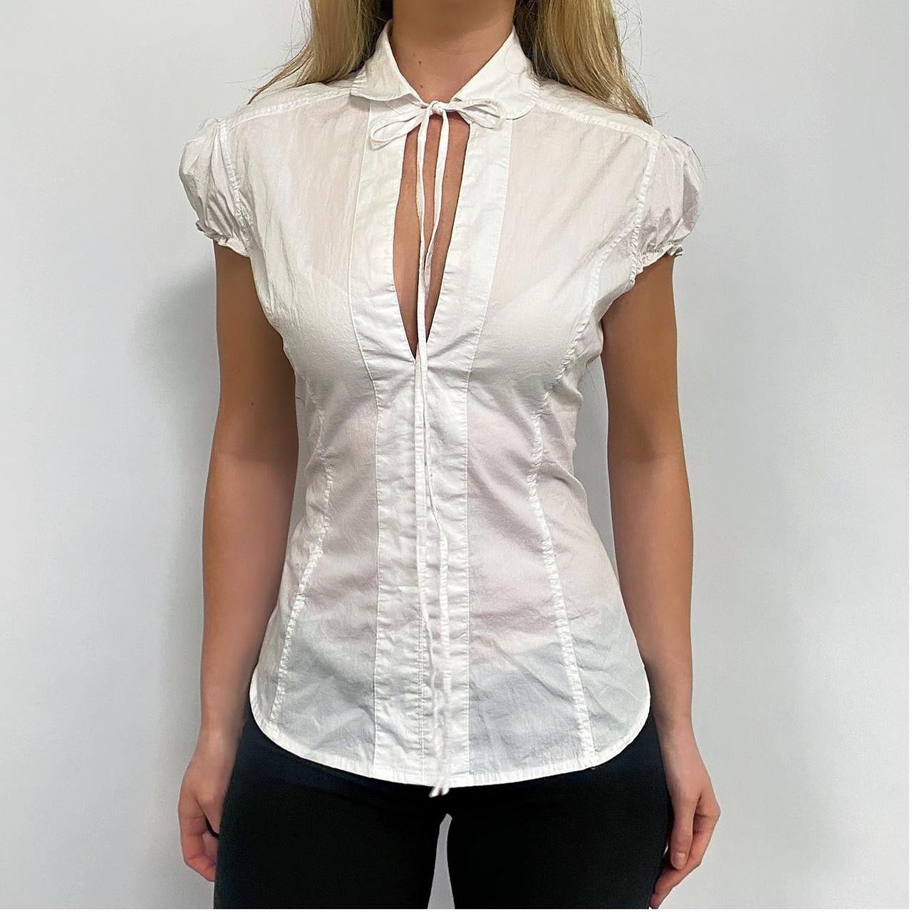 00s White Button-up Tie Blouse