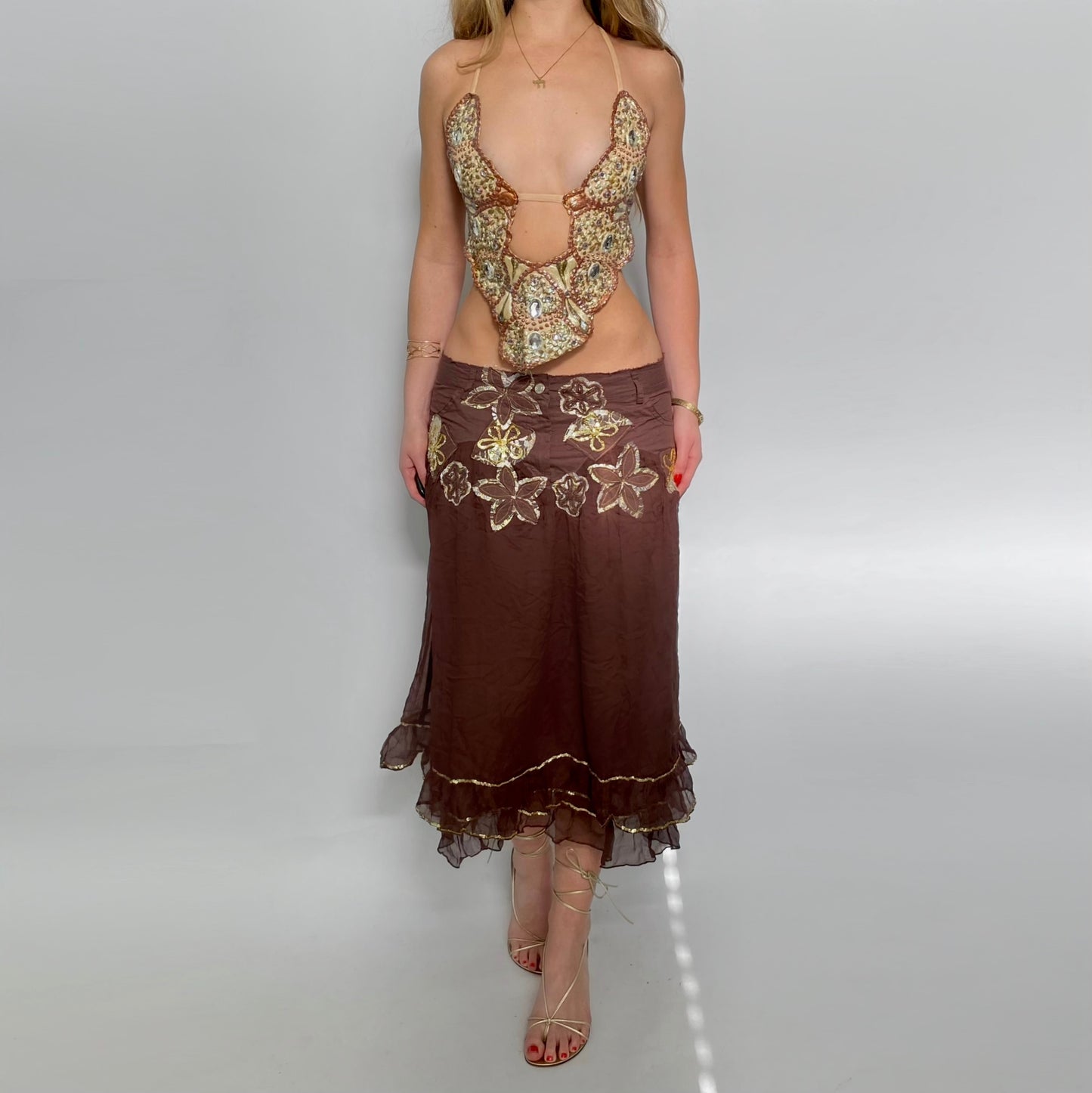 00s Silk Appliqué Midi Skirt