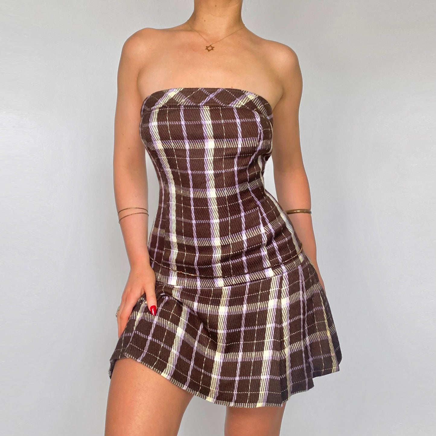 90s plaid pleated mini dress