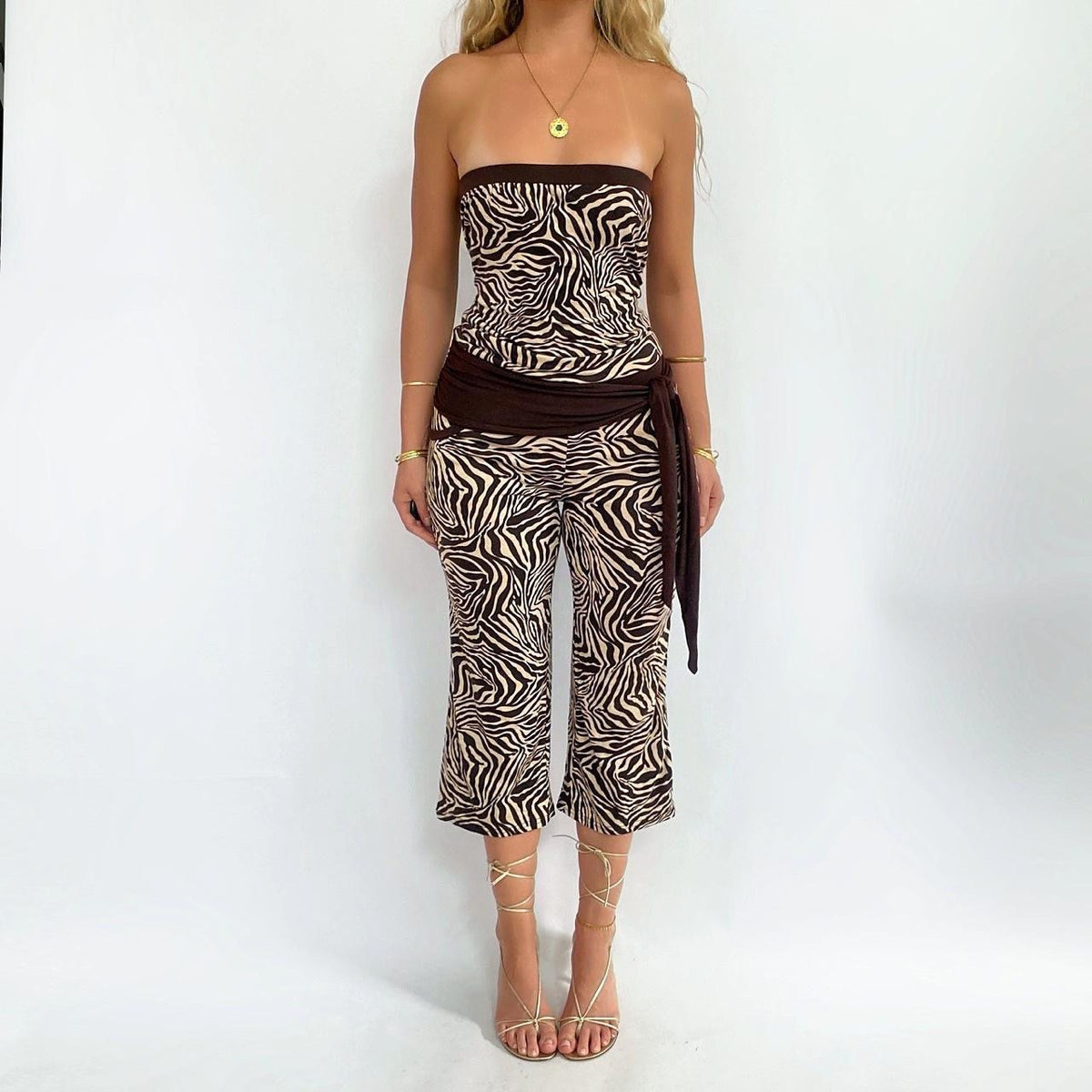 00s Strapless Zebra Jumpsuit