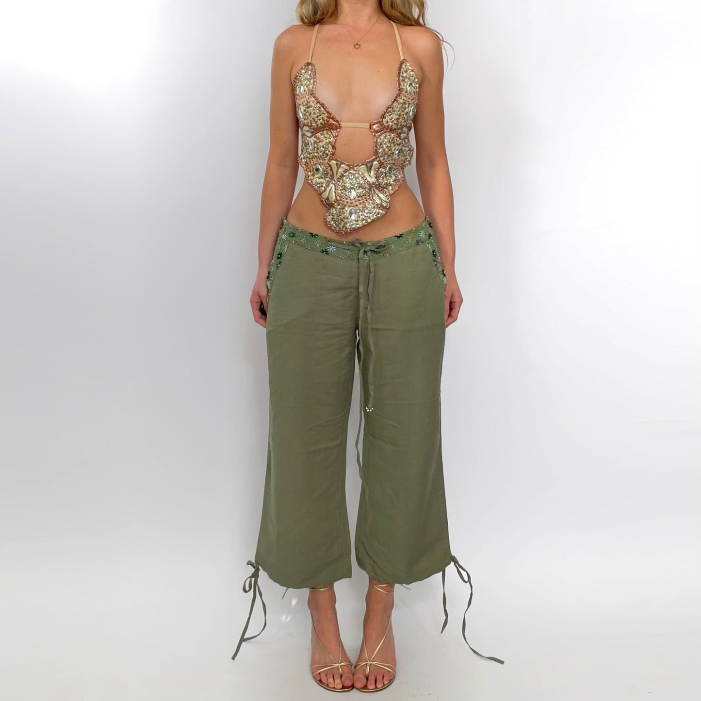 00s Olive Beaded Linen Capris