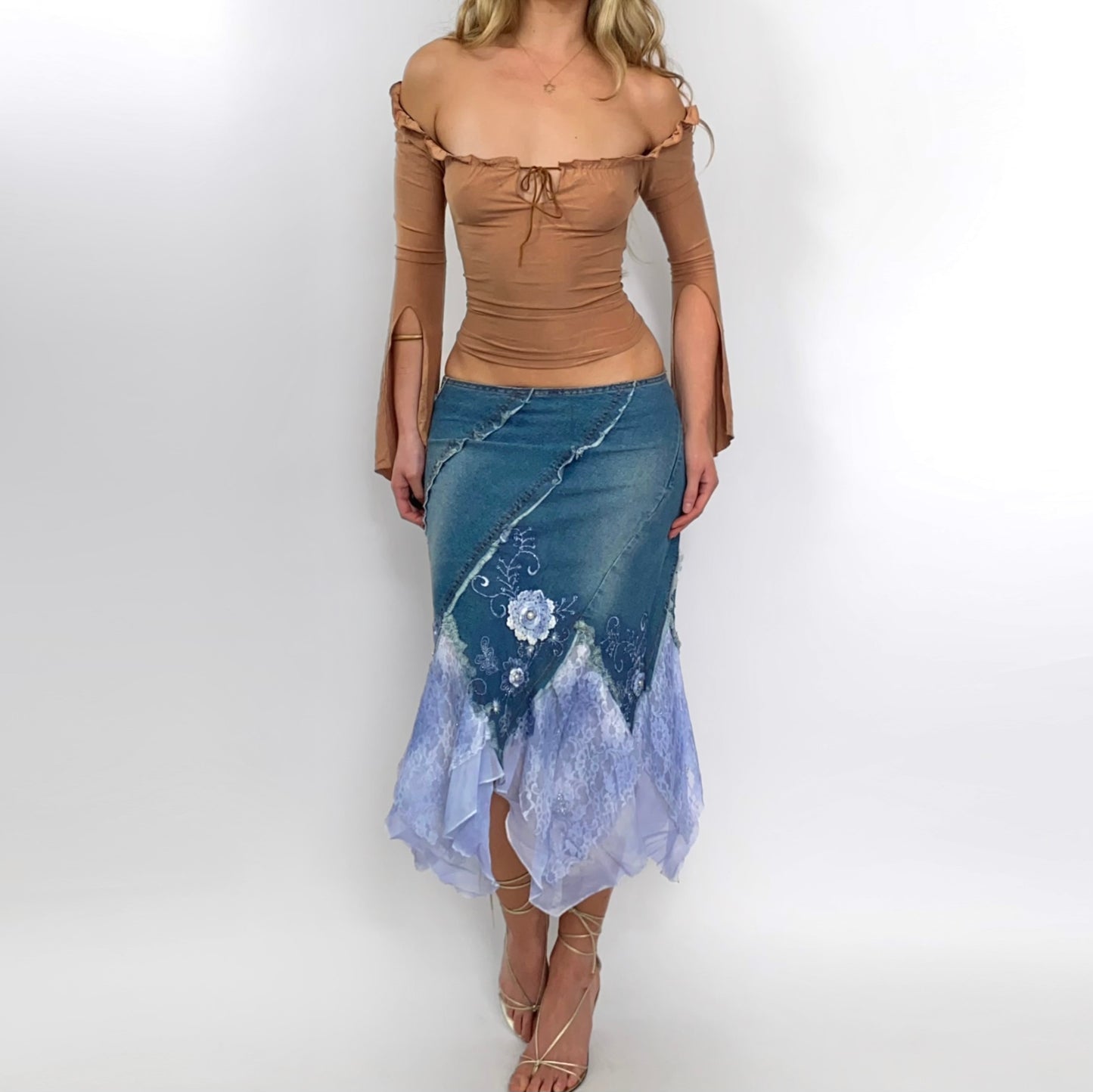 00s Denim Beaded Midi Skirt