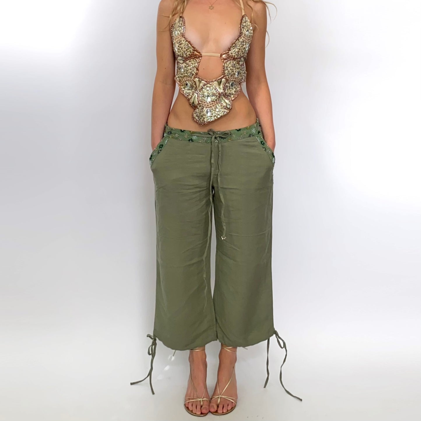 00s Olive Beaded Linen Capris