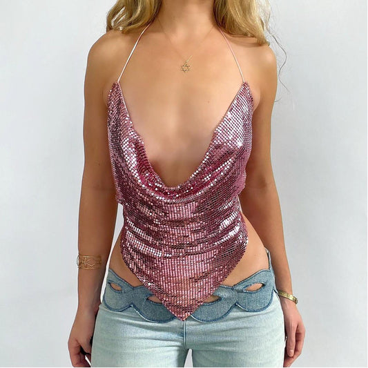 00s Pink Chainmail Halter Top
