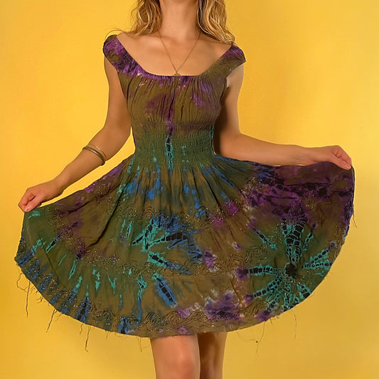 00s tie dye peasant dress