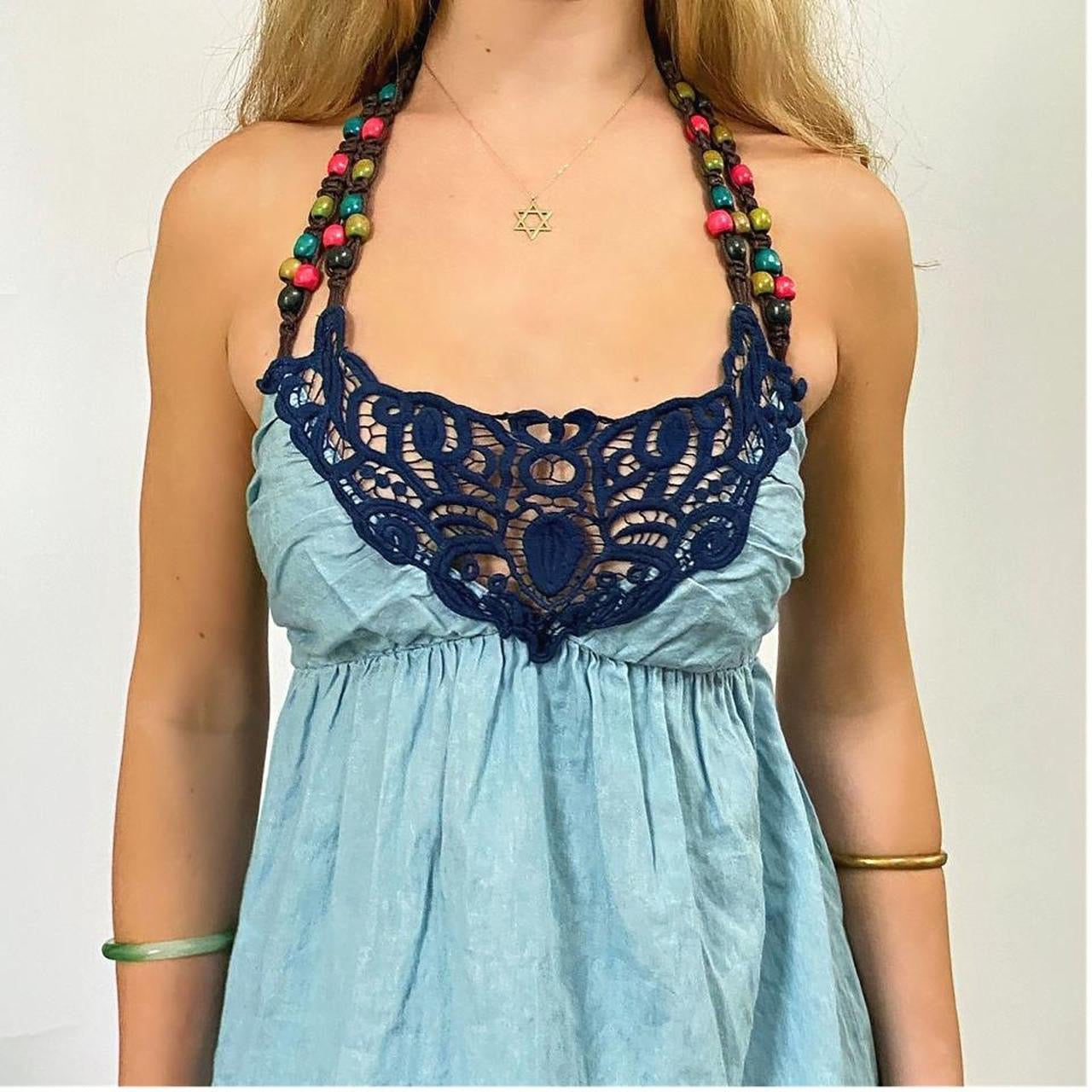 00s Beaded Denim Halter Dress