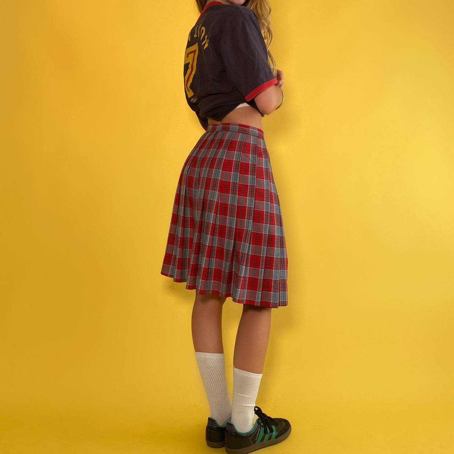 Vintage plaid pleated midi skirt