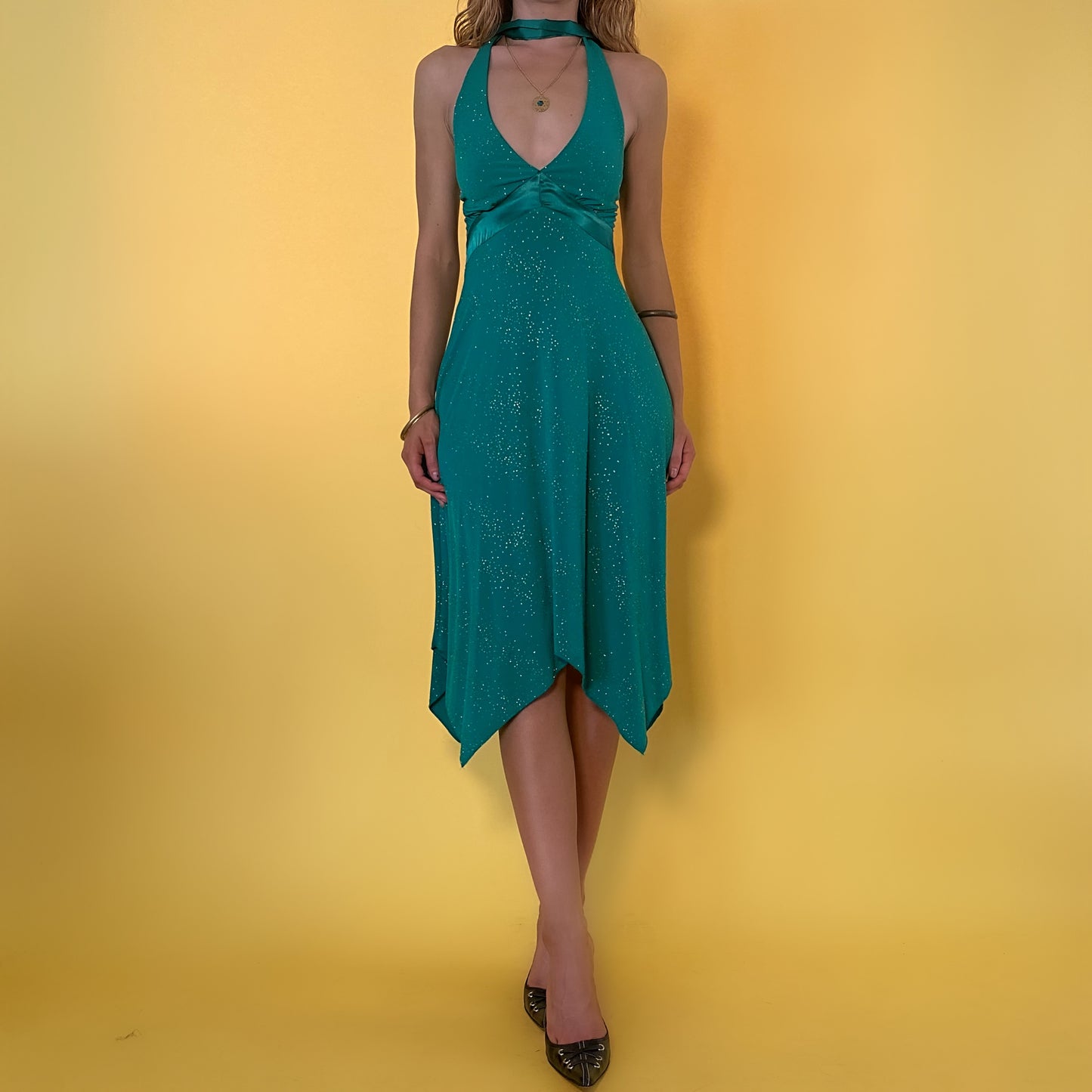 90’s sparkly emerald halter midi dress