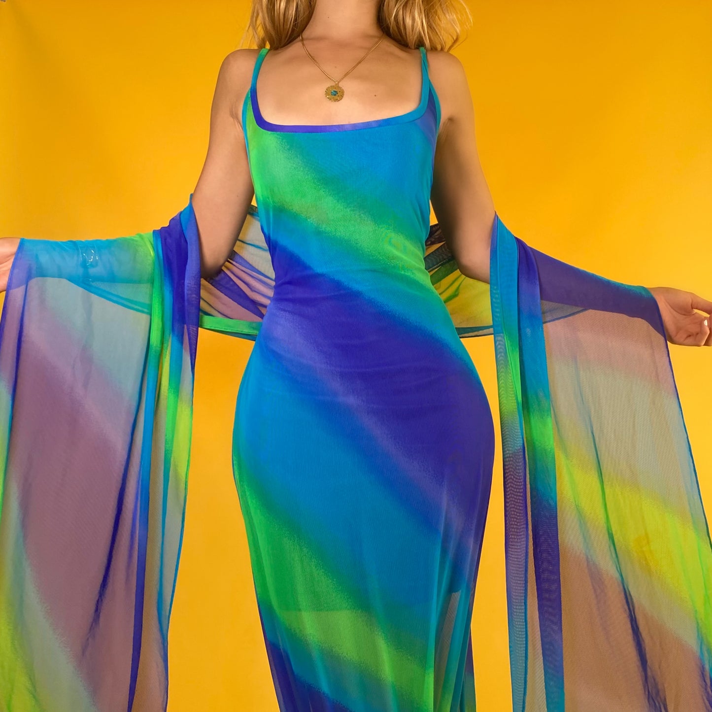 Vintage aqua tie dye mesh gown set -medium