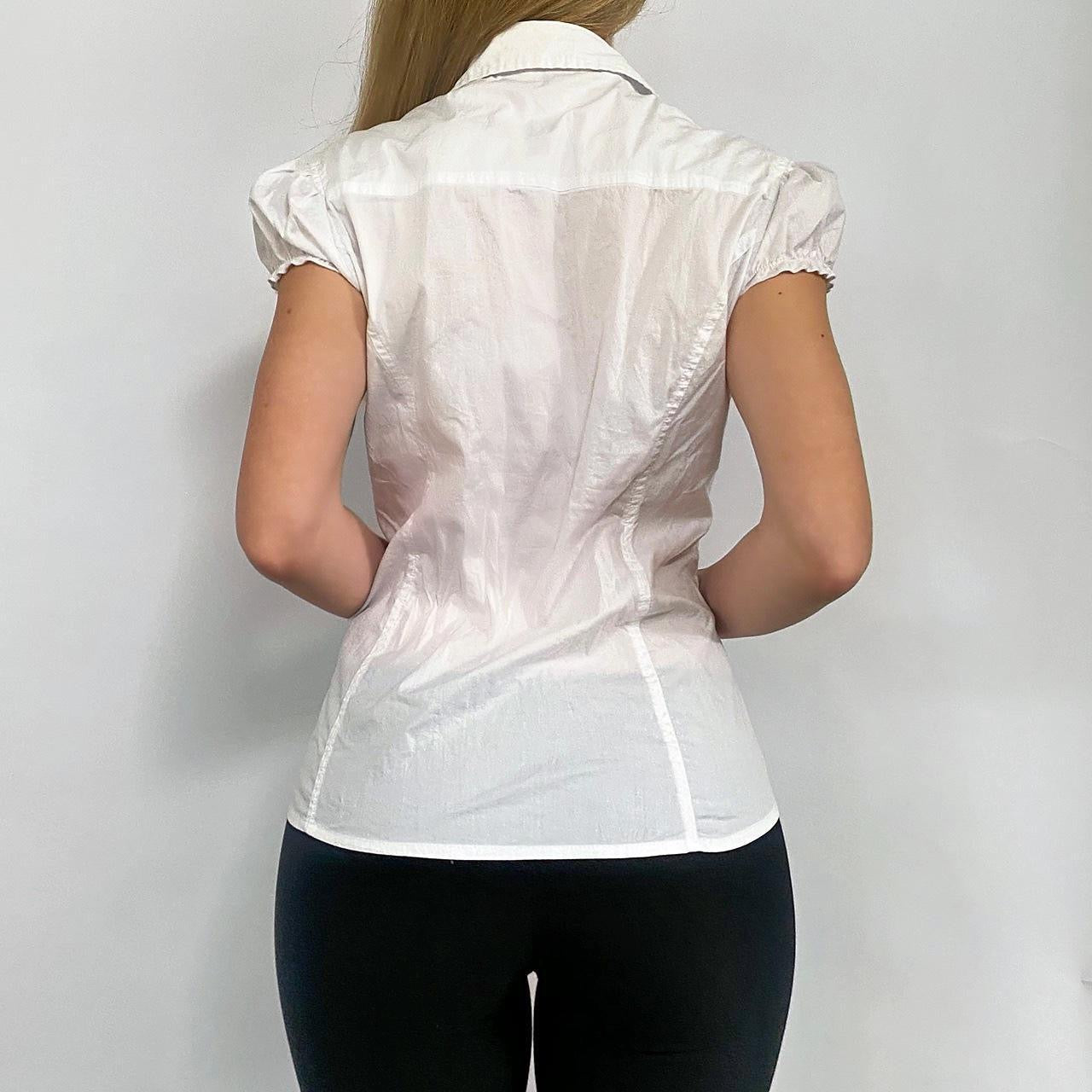 00s White Button-up Tie Blouse