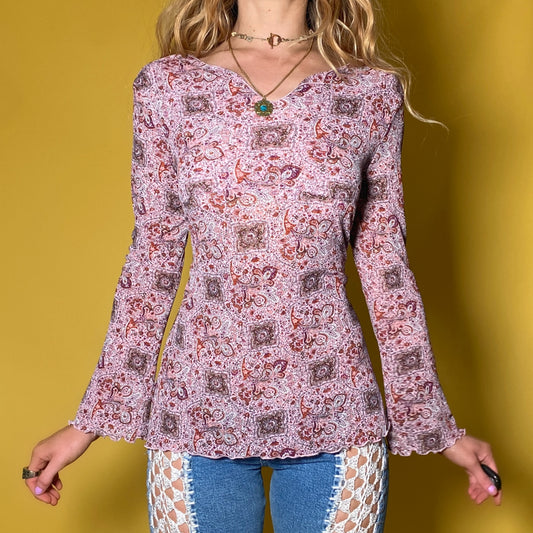 2000s Paisley Mesh Bell Sleeve Blouse