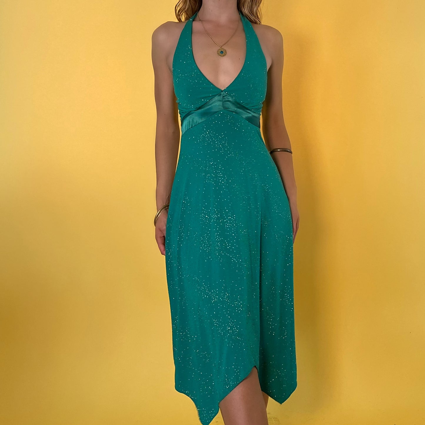 90’s sparkly emerald halter midi dress