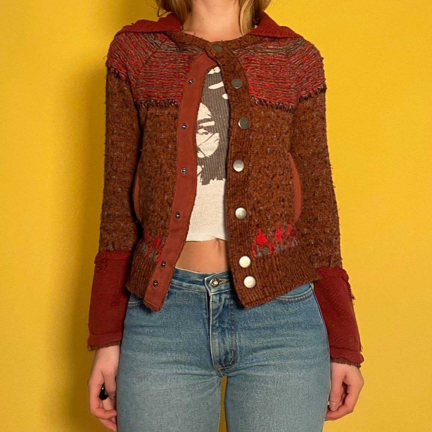 Distressed burgundy button up sweater - small