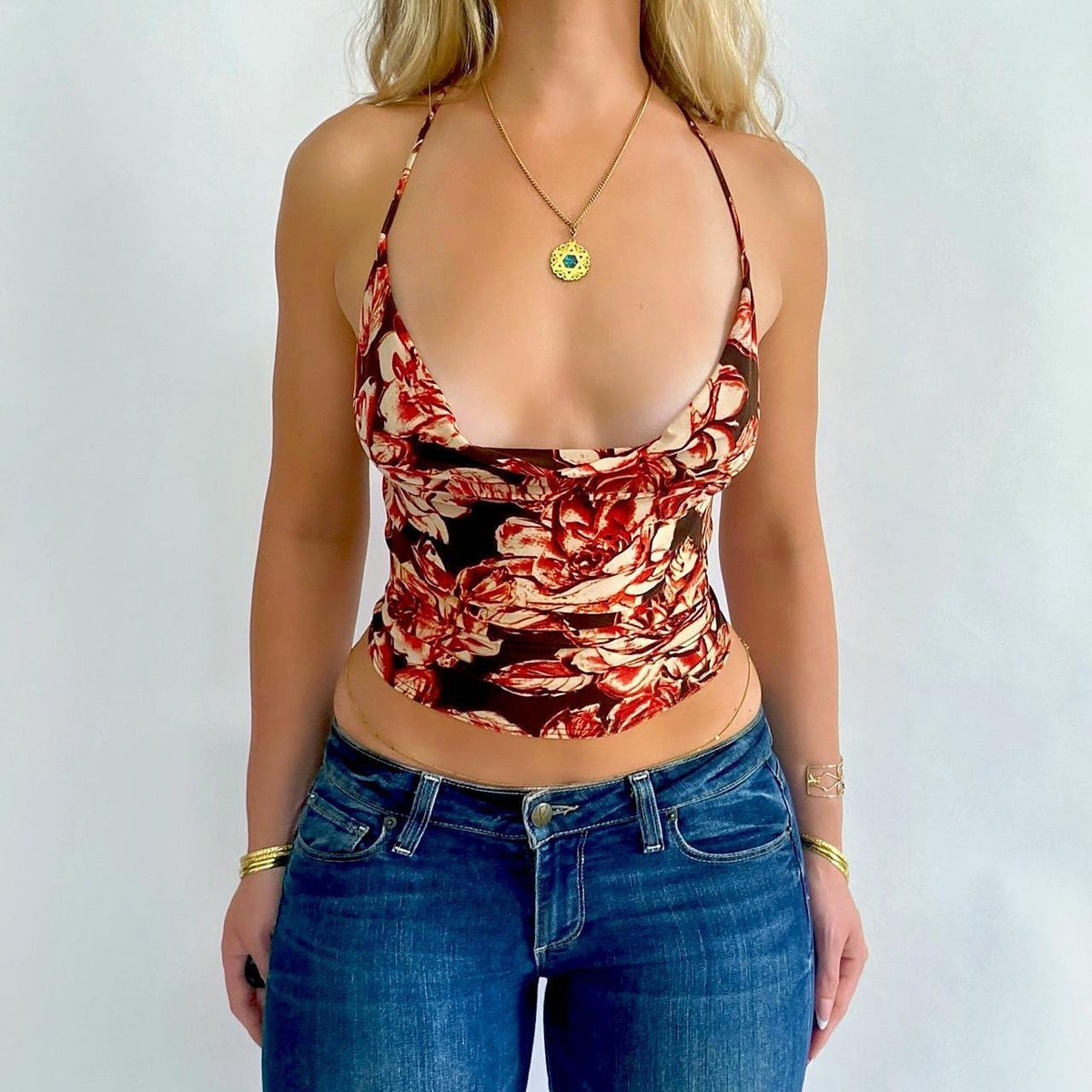 00s Floral Cowl Tie Top