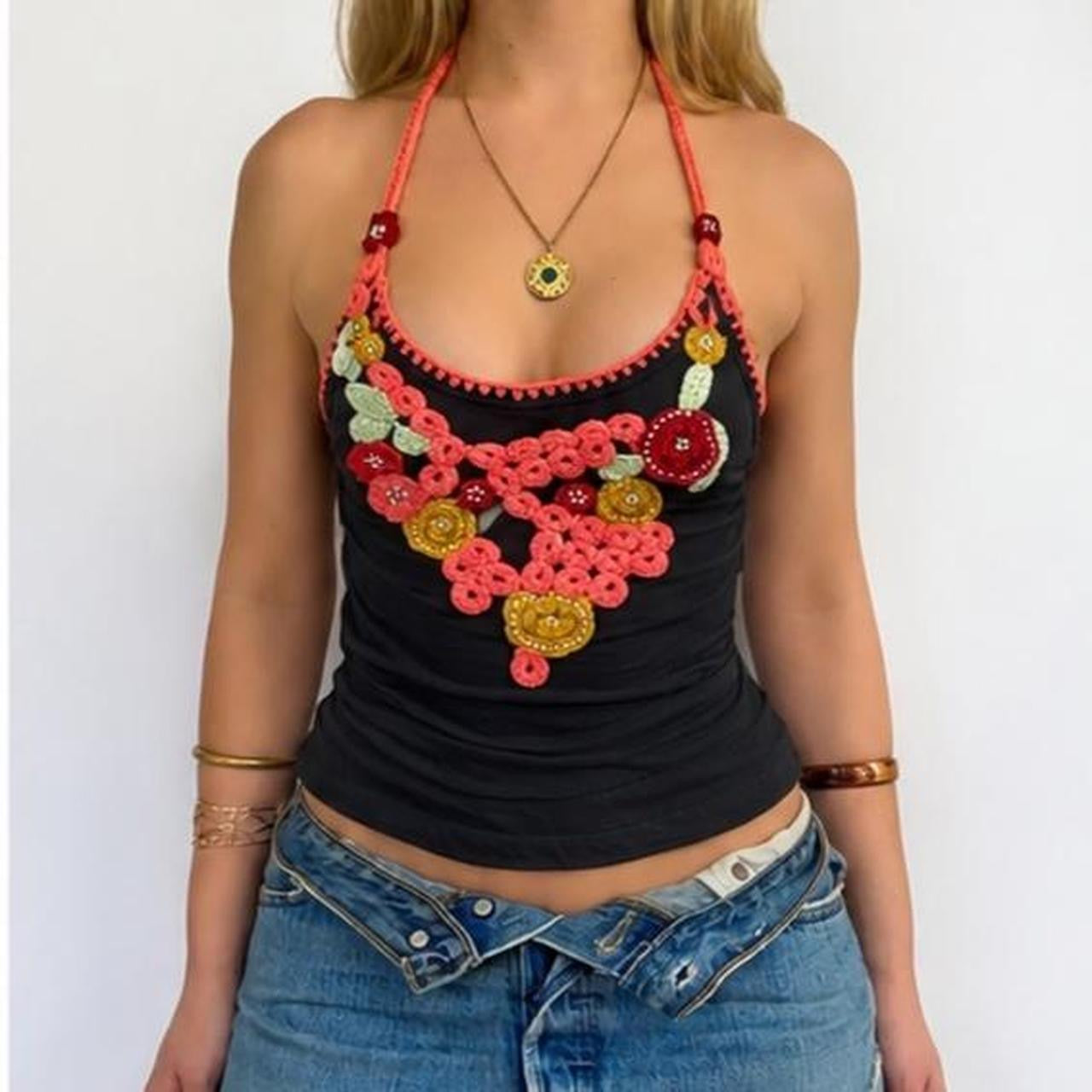00s Beaded Knit Appliqué Halter