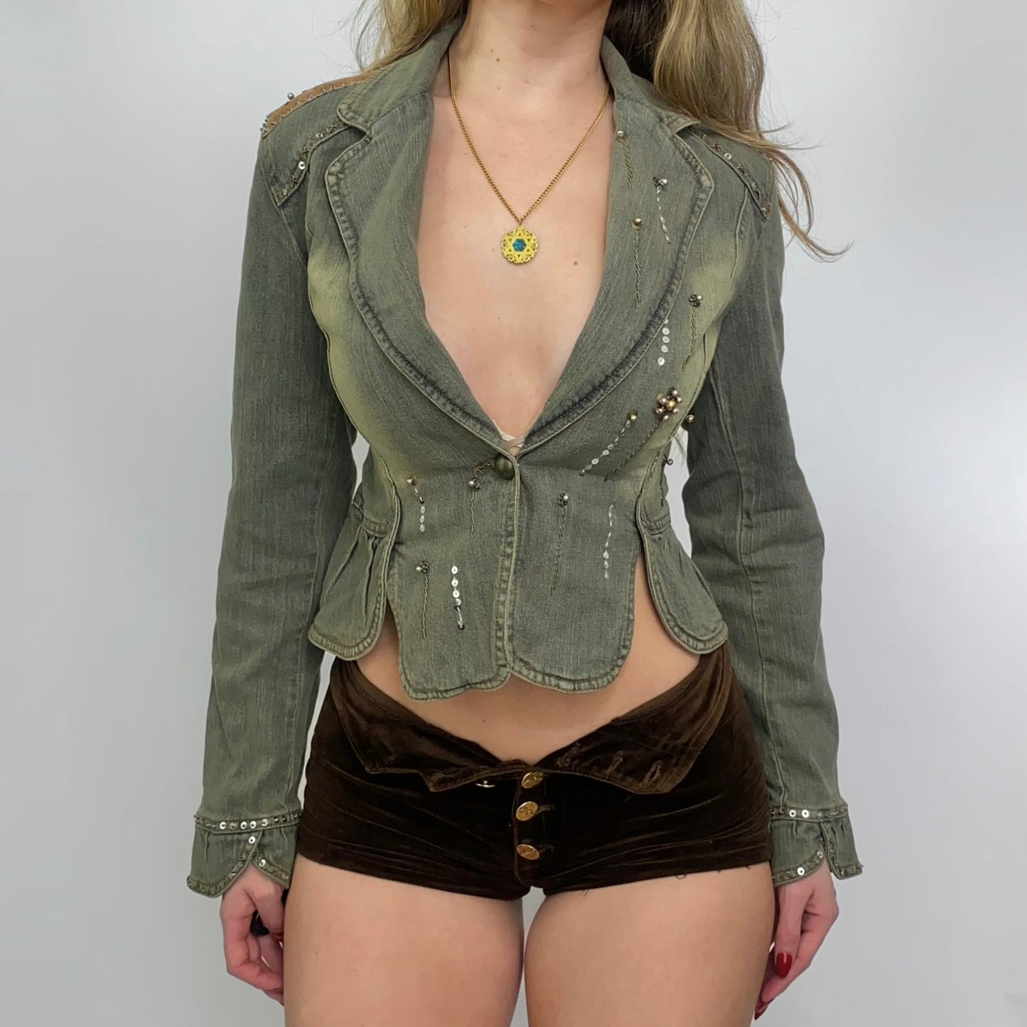 00s Beaded Denim Peplum Jacket