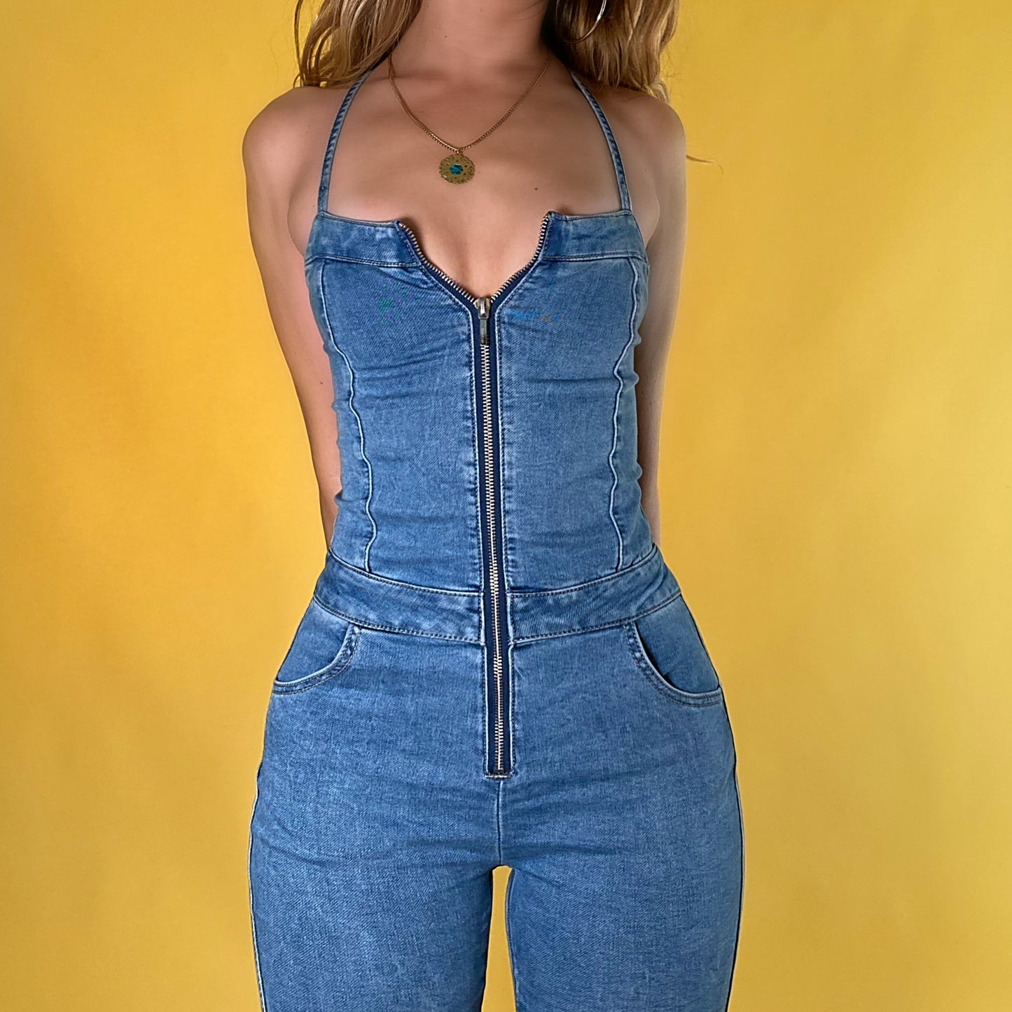 Bebe zip-up denim jumpsuit