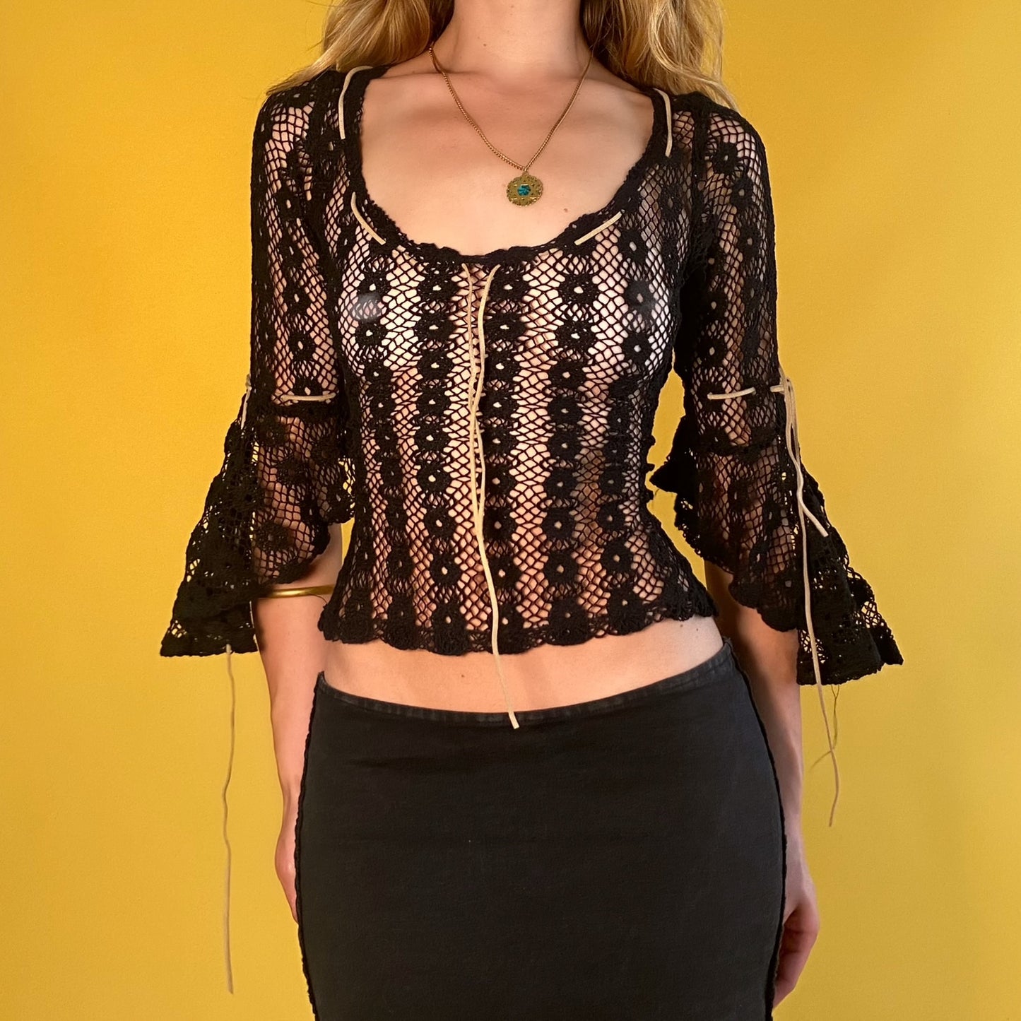 90’s Black Knit Bell Sleeve Peasant Blouse