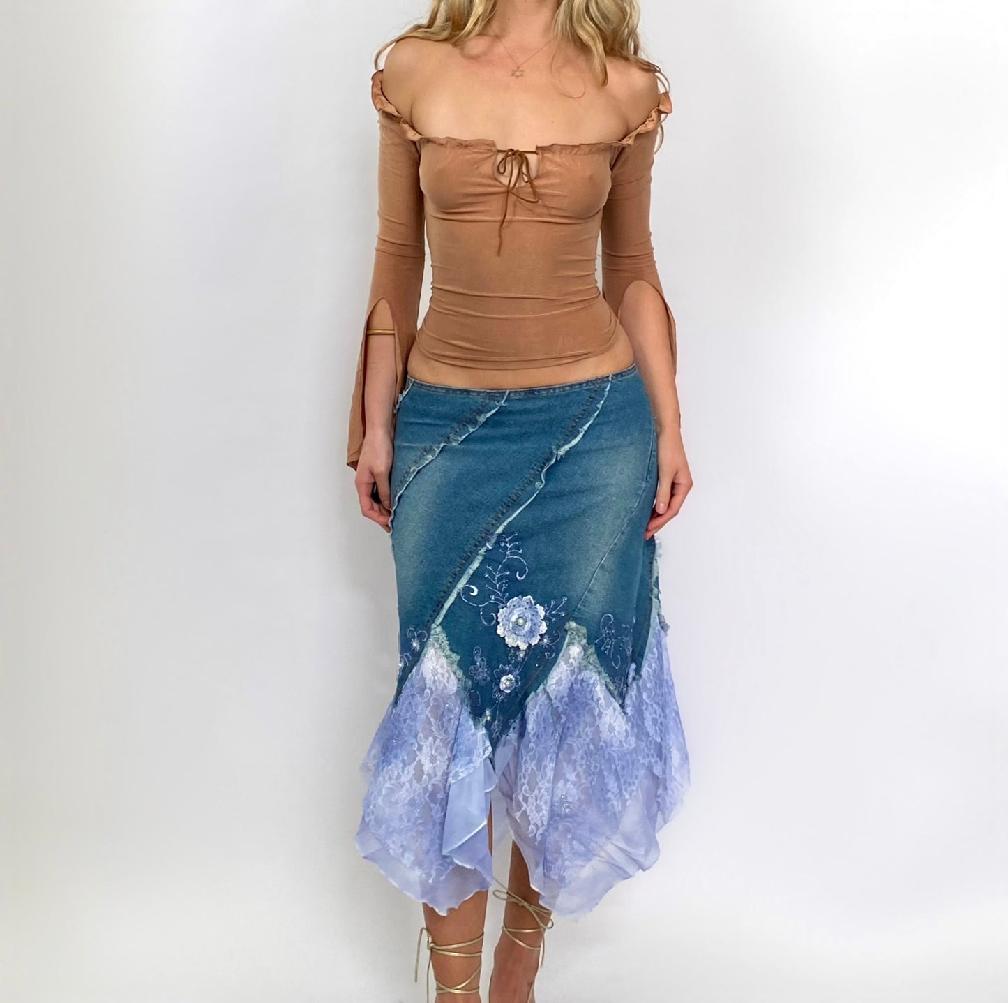 00s Denim Beaded Midi Skirt