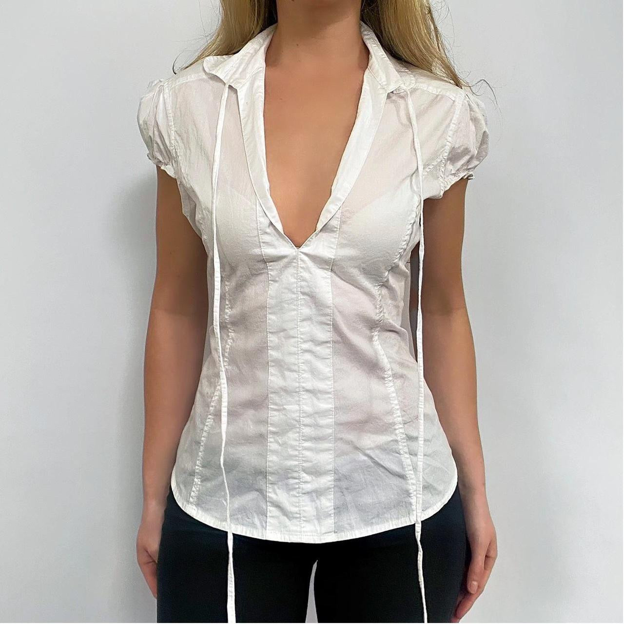 00s White Button-up Tie Blouse