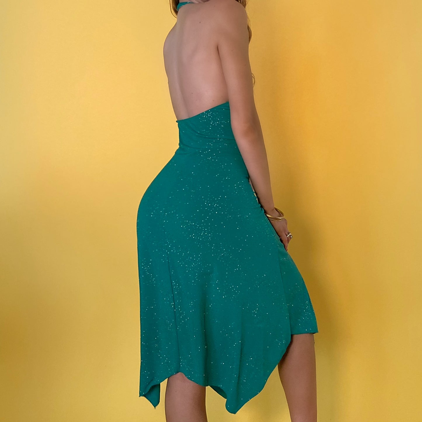 90’s sparkly emerald halter midi dress