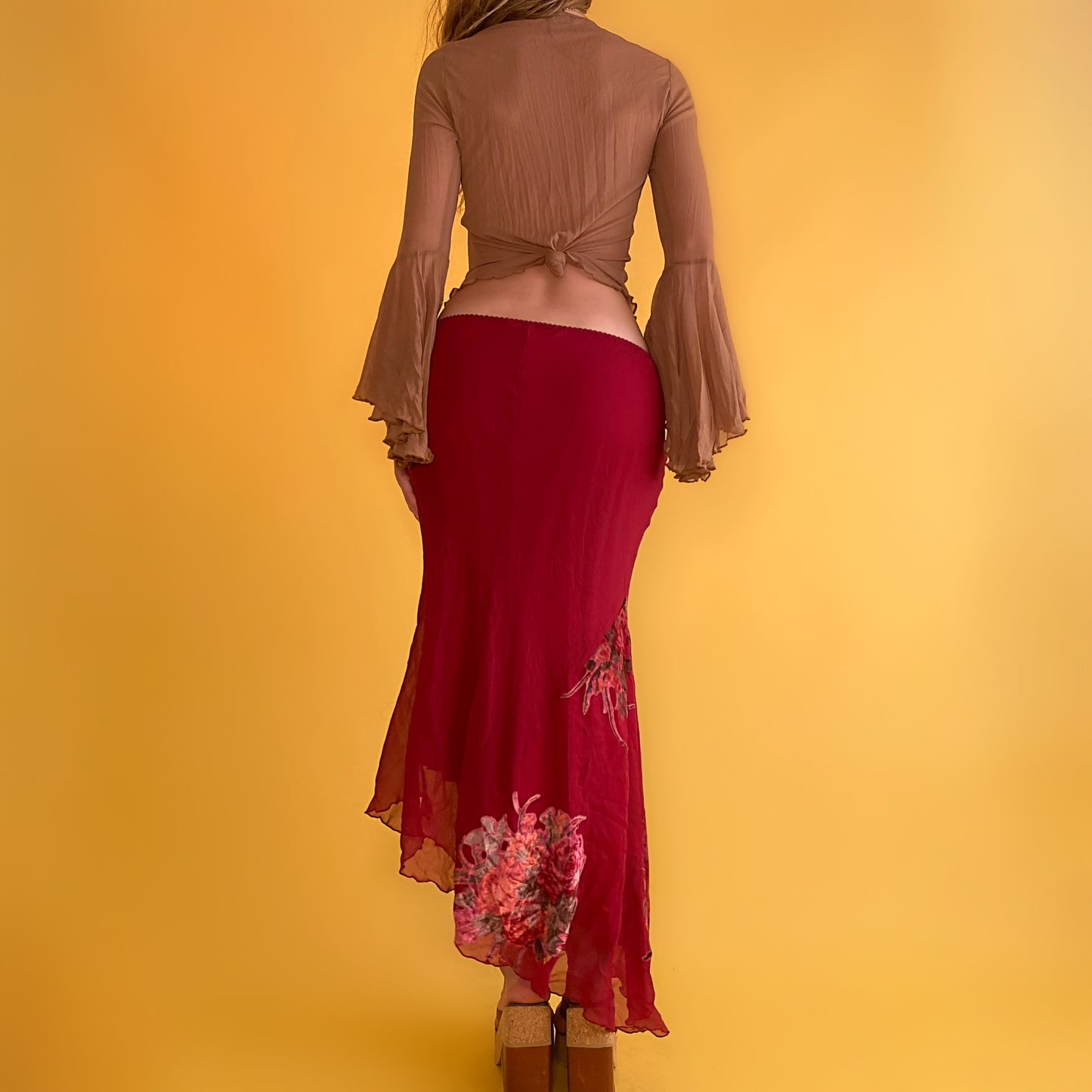 90’s Burgundy Asymmetrical Silk Maxi Skirt - Large