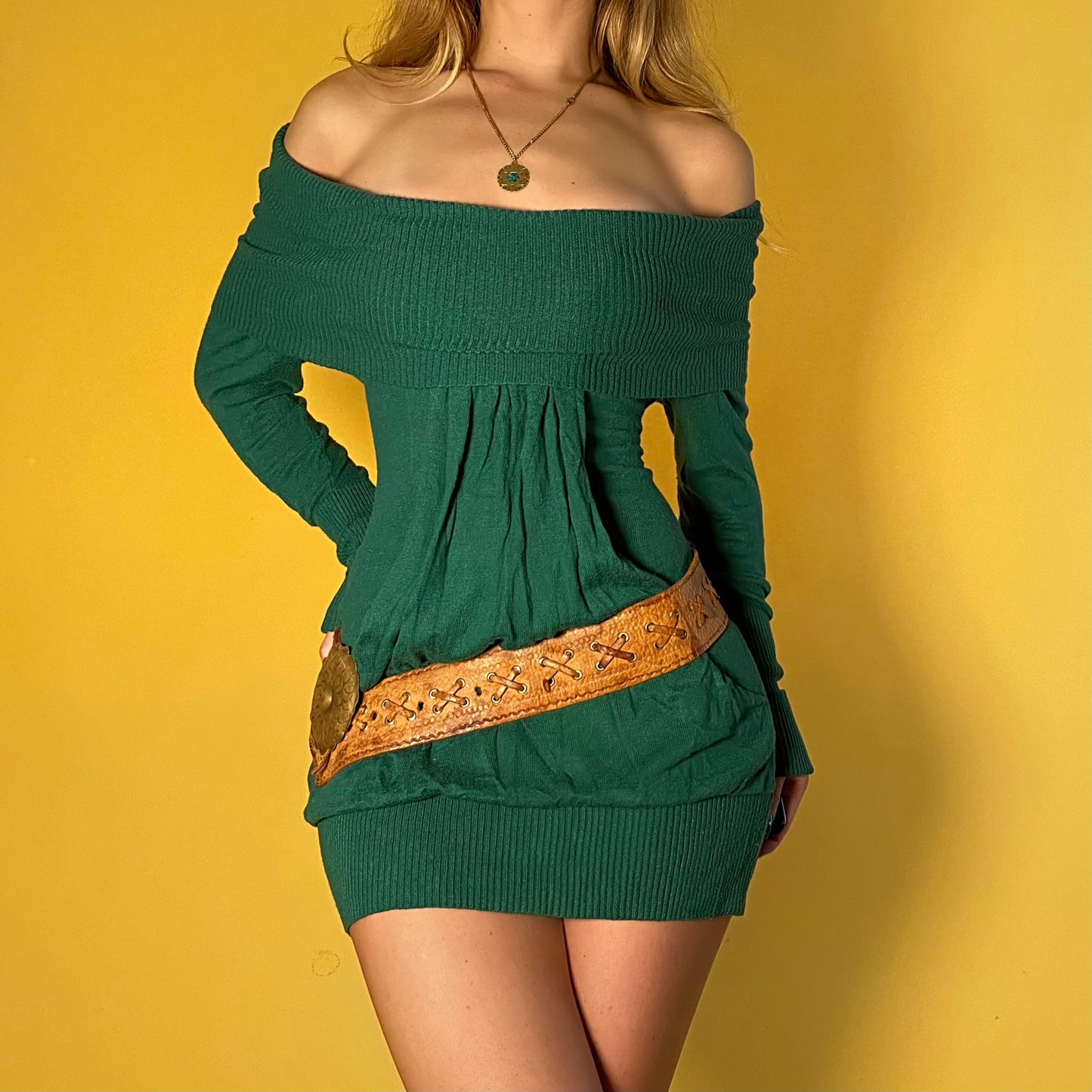 2000’s emerald knit bardot mini dress - medium