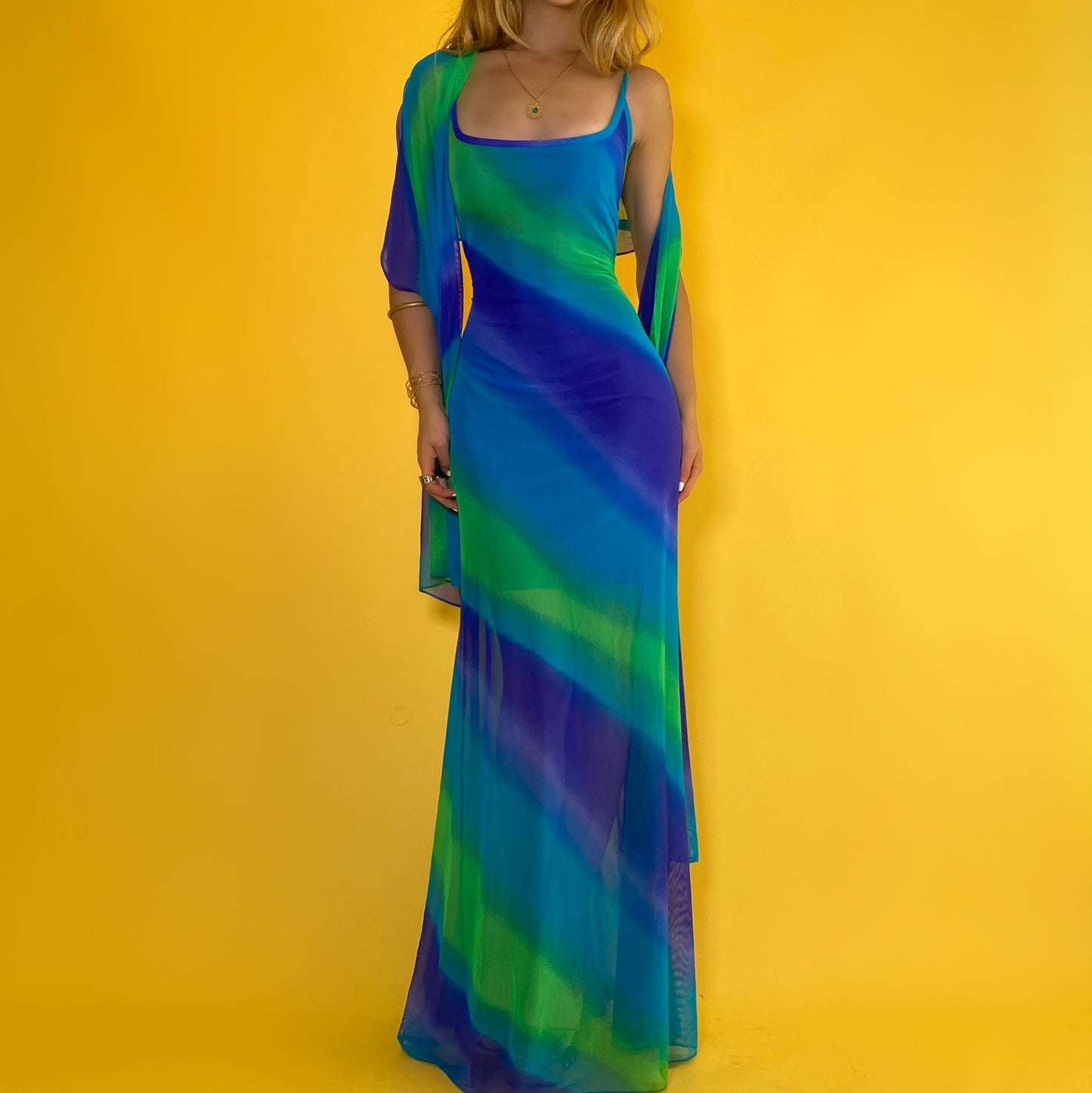 Vintage aqua tie dye mesh gown set -medium