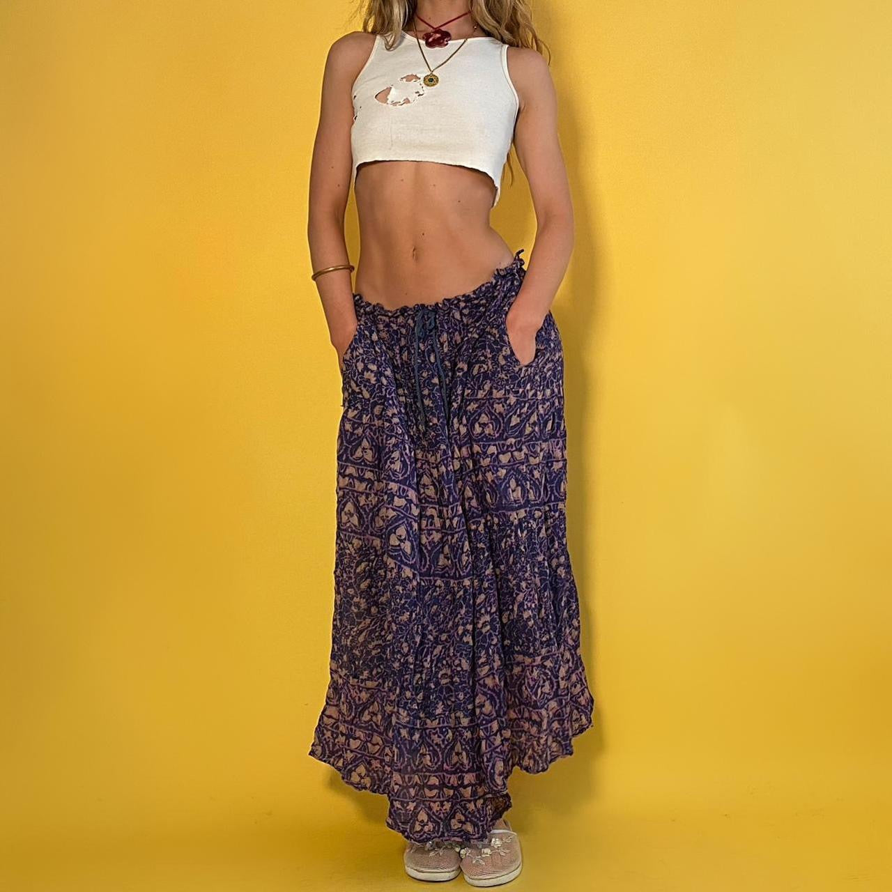 Vintage indigo bohemian maxi skirt