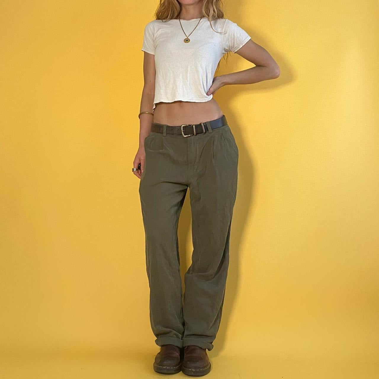 Vintage Relaxed Olive Silk Trousers