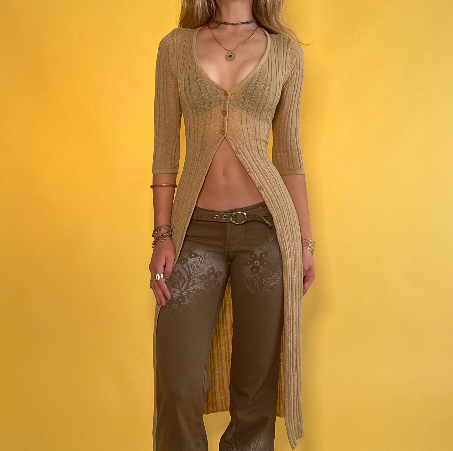 Vintage Soft Gold Long Knit Cardigan - Medium