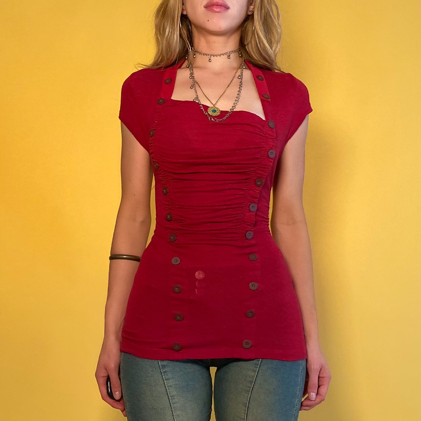 Crimson Cap Sleeve Button Tee