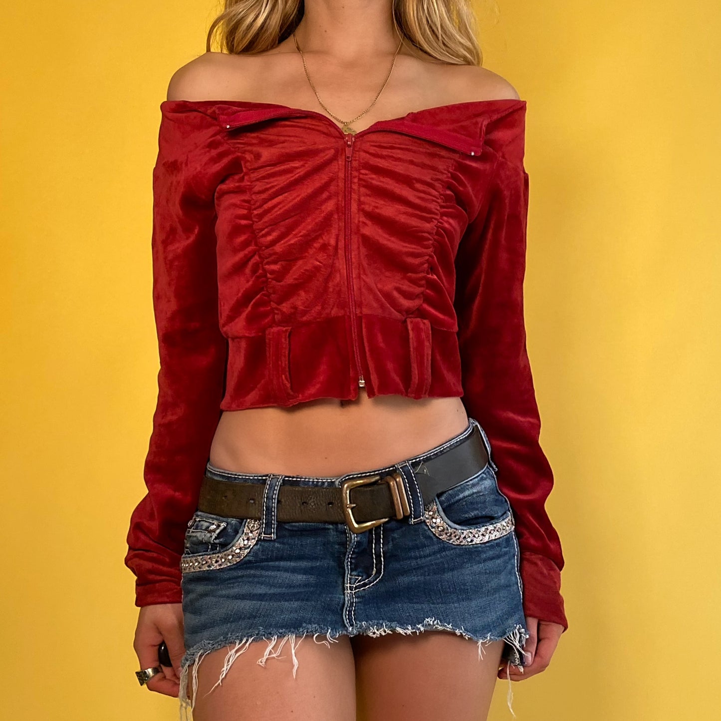 Burgundy Velour Off the Shoulder Track Jacket - Medium