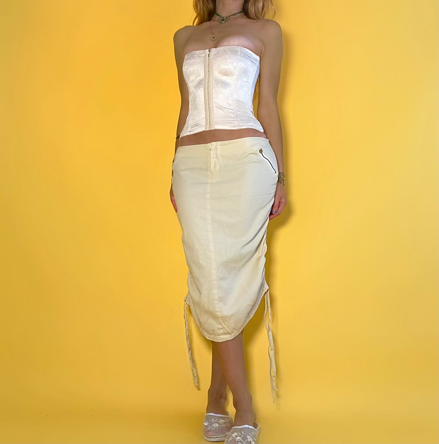 Y2k Low Rise Ivory Cinch Tie Midi Skirt