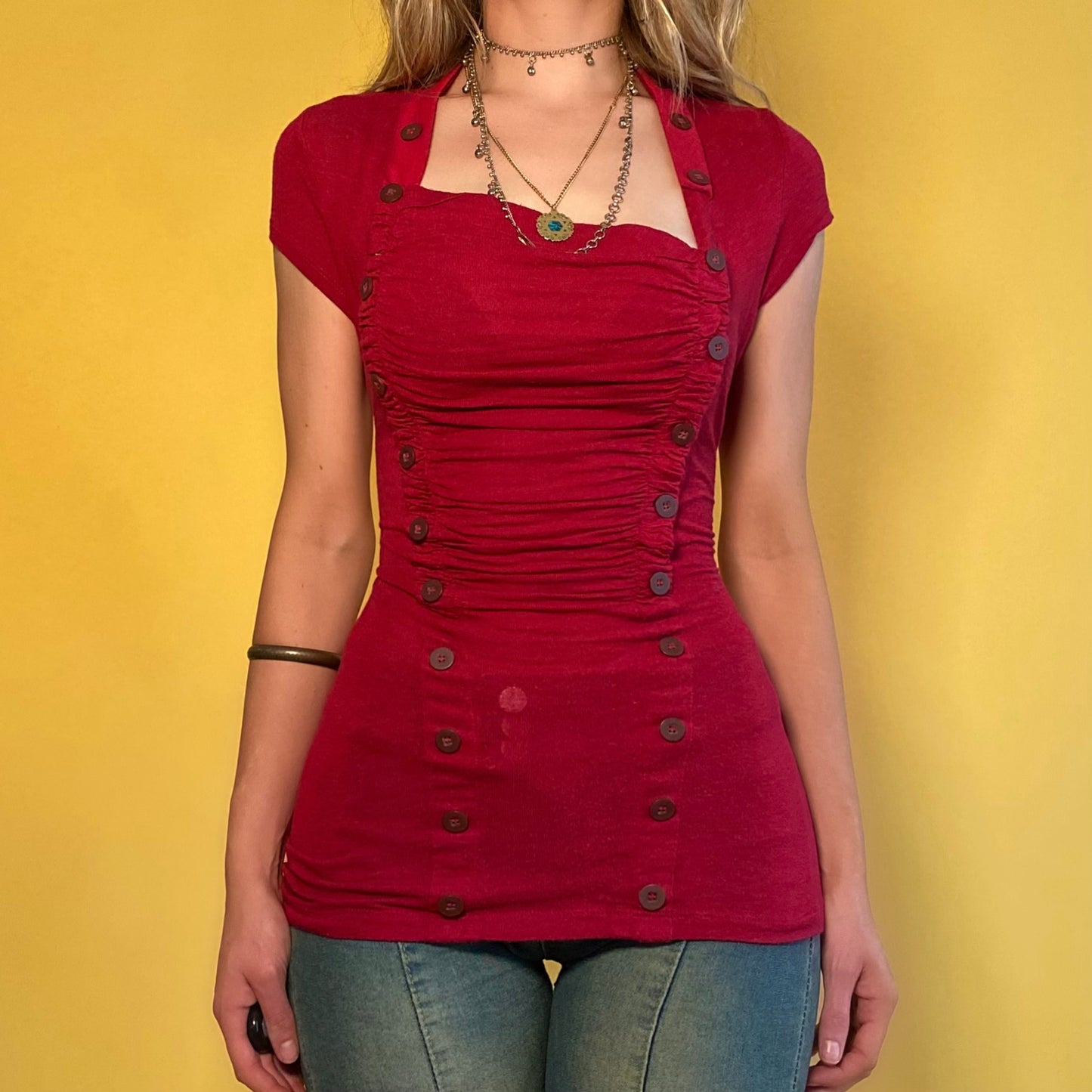 Crimson Cap Sleeve Button Tee